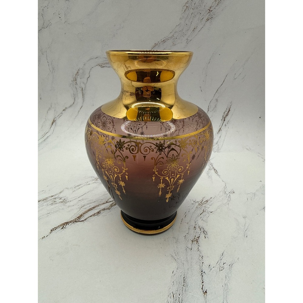 Vintage Vecchia‎ Amethyst 24k Gold Overlay Glass Bud Vase Italy Approx 4.5" Tall